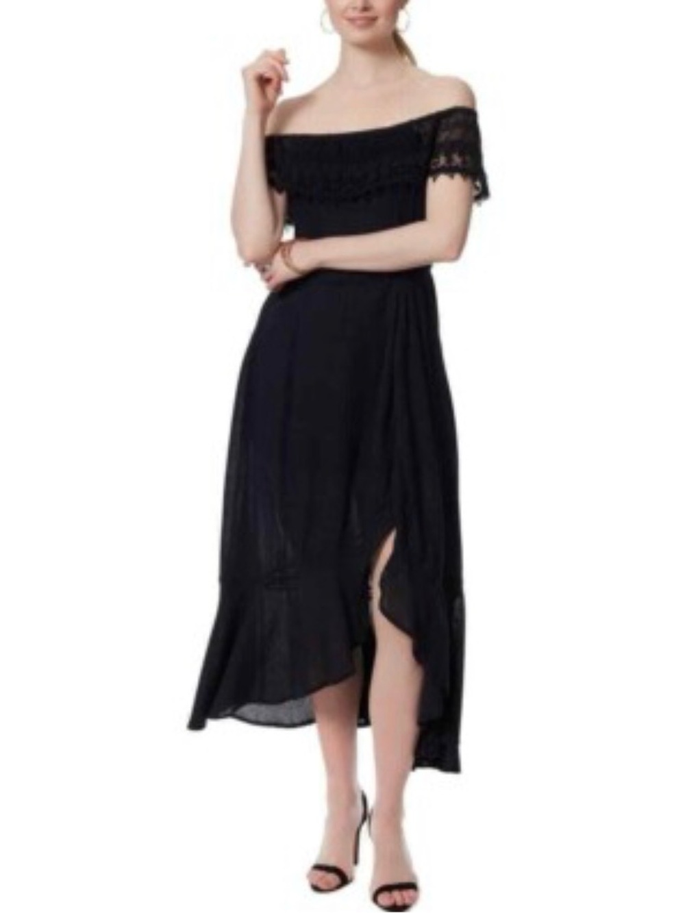 NWT Jessica Simpson Off-Shoulder Black Maxi Dress  Smocked Lace Trim